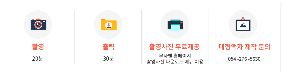 촬영 20분/출력 30분/촬영사진무료제공 무사엔홈페이지 사진 다운로드 메뉴 이용/대형액자 제작 문의 054-276-5630